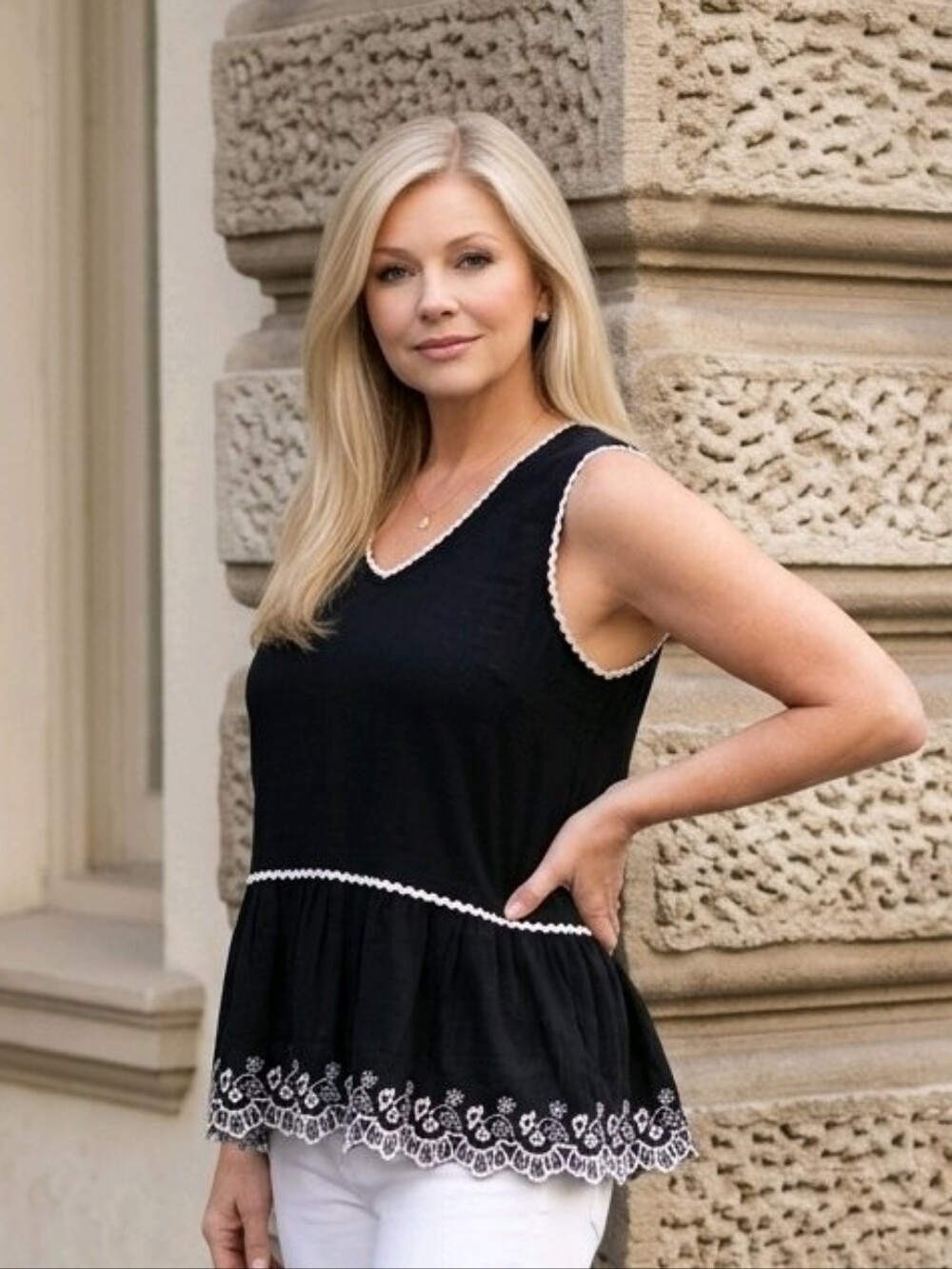 Libby Edelman Black Sleeveless Embroidered Peplum Top with White Jeans #813